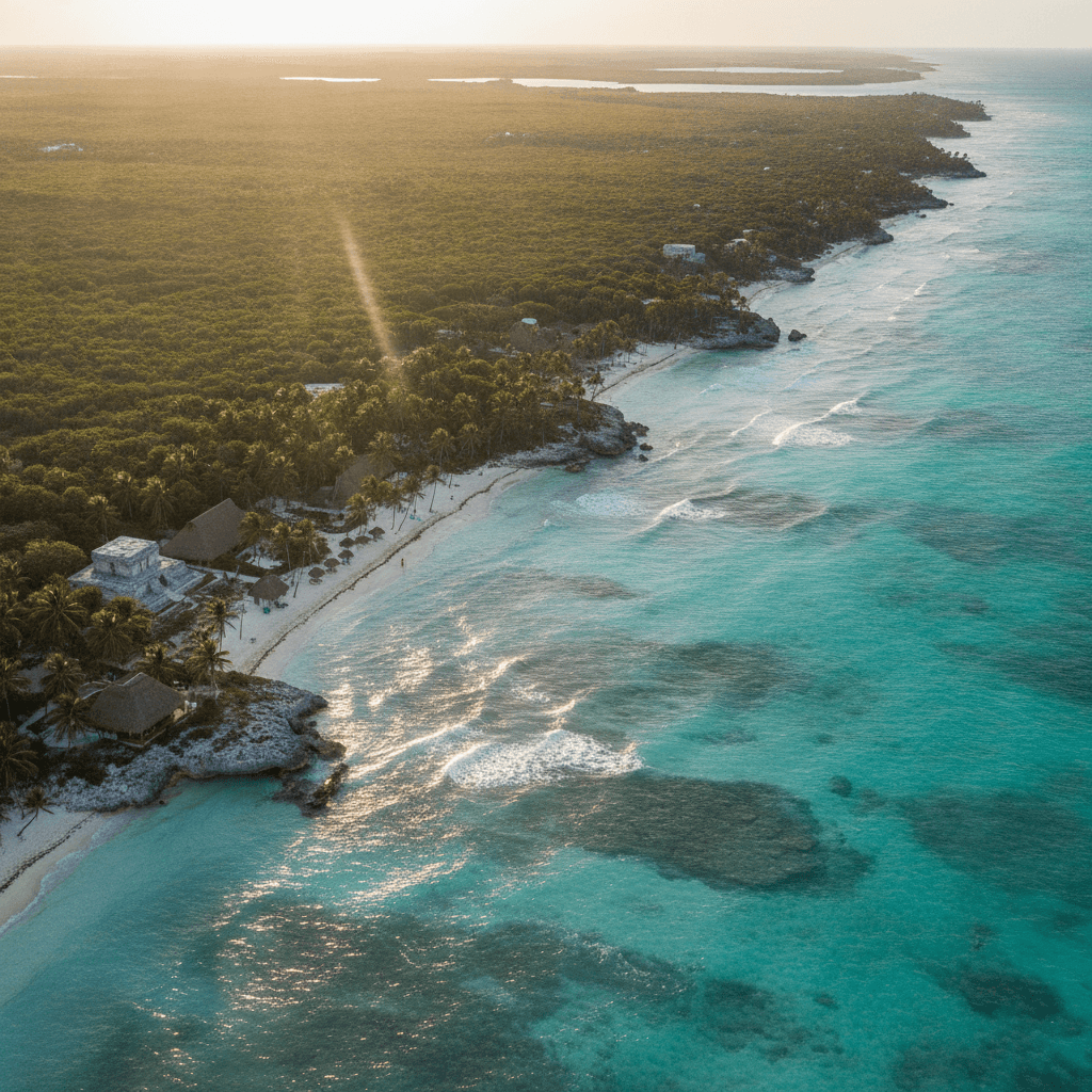 Luftaufnahme der Küste und des Dschungels von Tulum bei Sonnenuntergang mit türkisblauem Karibikwasser
