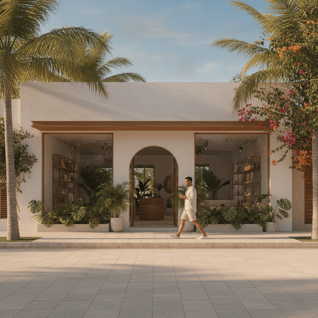 Sonnige Ladenfront in der Riviera Maya mit einem Kunden, der auf seinem Smartphone nach einem lokalen Unternehmen sucht