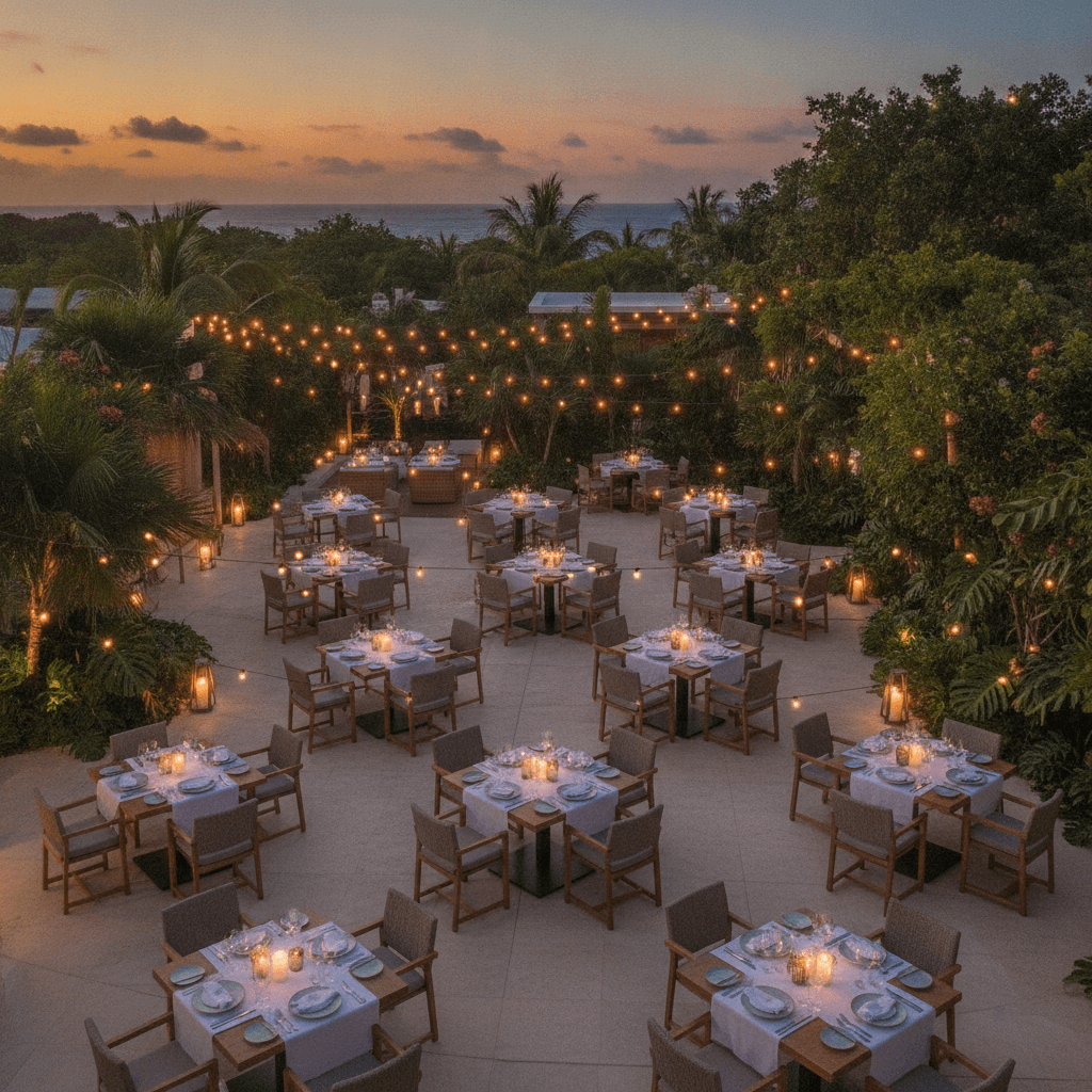 Überdachte Restaurant-Terrasse in der Riviera Maya, festlich gedeckt für ein Abendessen inmitten tropischer Vegetation