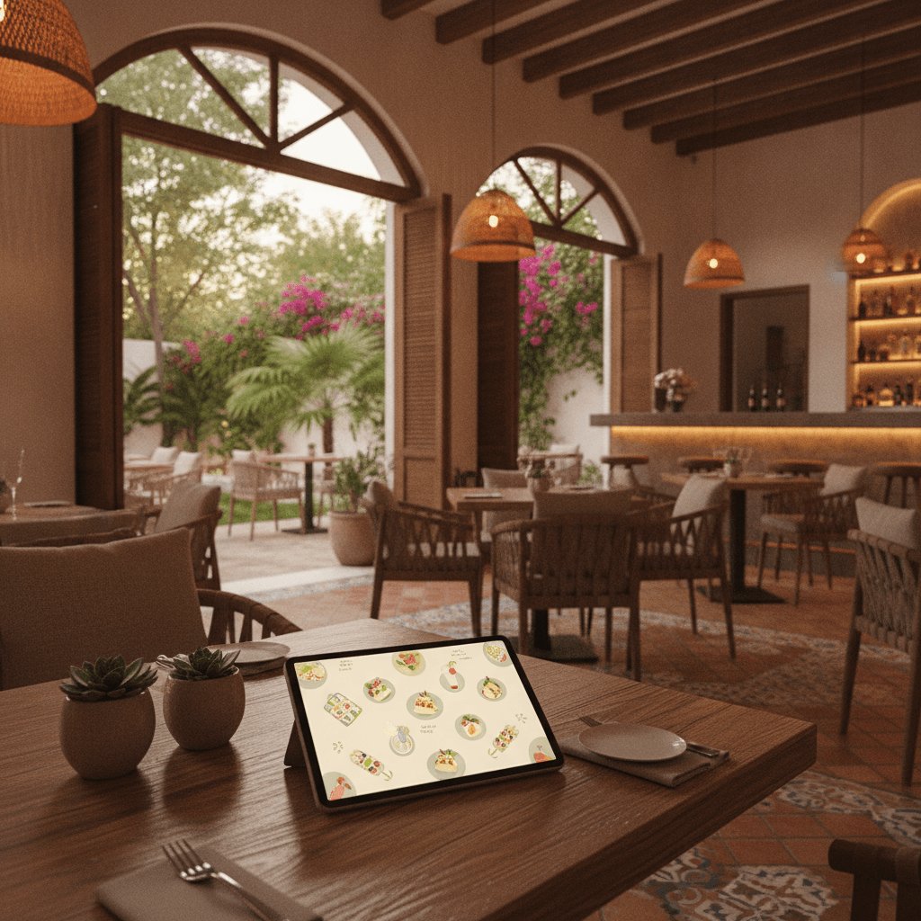 Restauranttisch in Playa del Carmen mit einem Smartphone, das eine Online-Speisekarte anzeigt