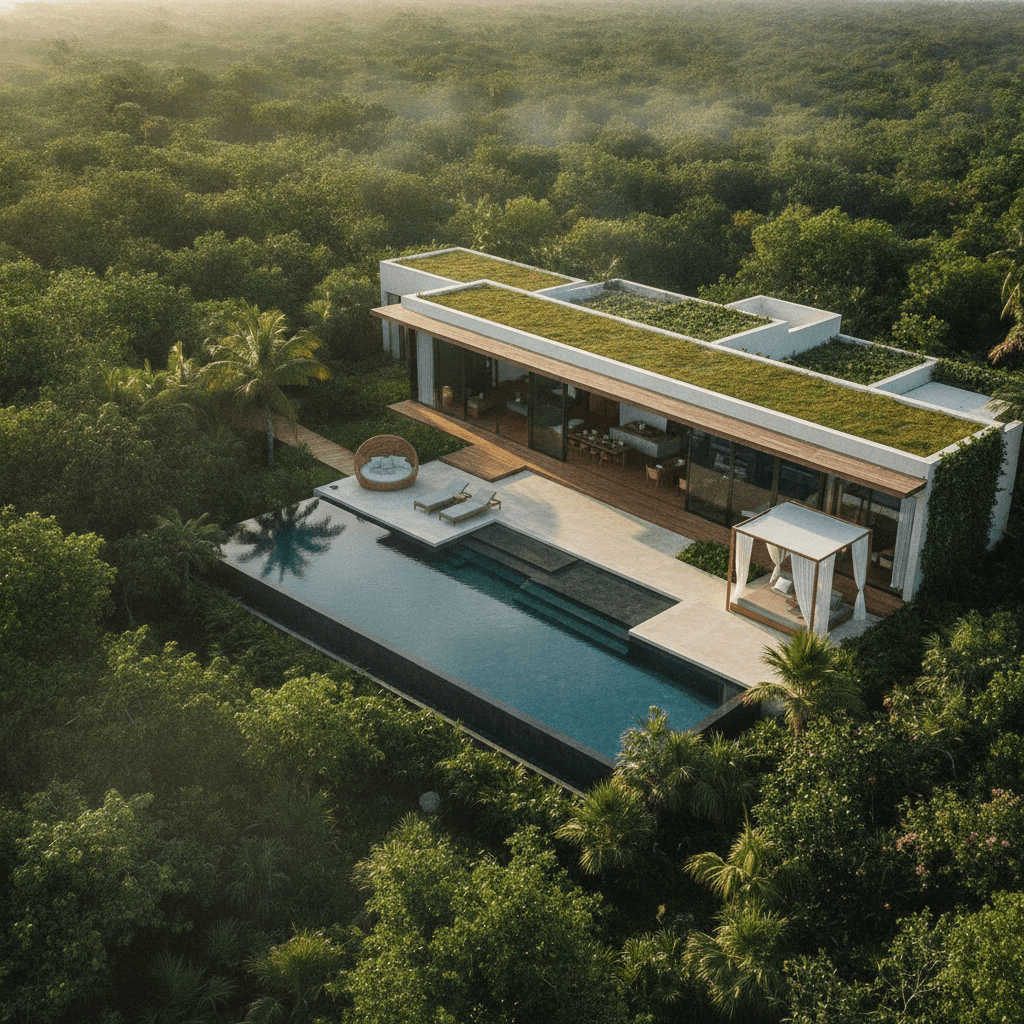 Luftaufnahme einer luxuriösen Ferienunterkunft mit Pool inmitten des Dschungels in Tulum, Mexiko