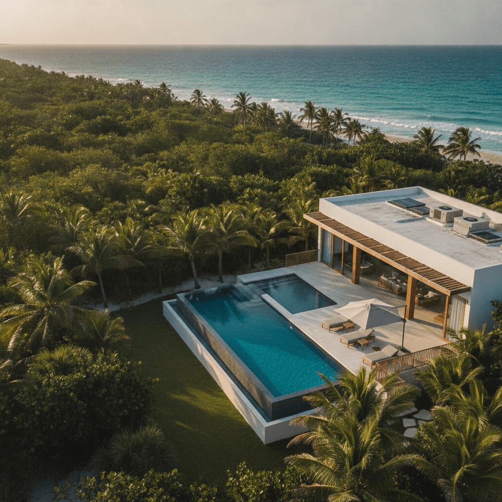 Luftaufnahme einer luxuriösen Ferienunterkunft mit privatem Pool nahe der Karibikküste Mexikos