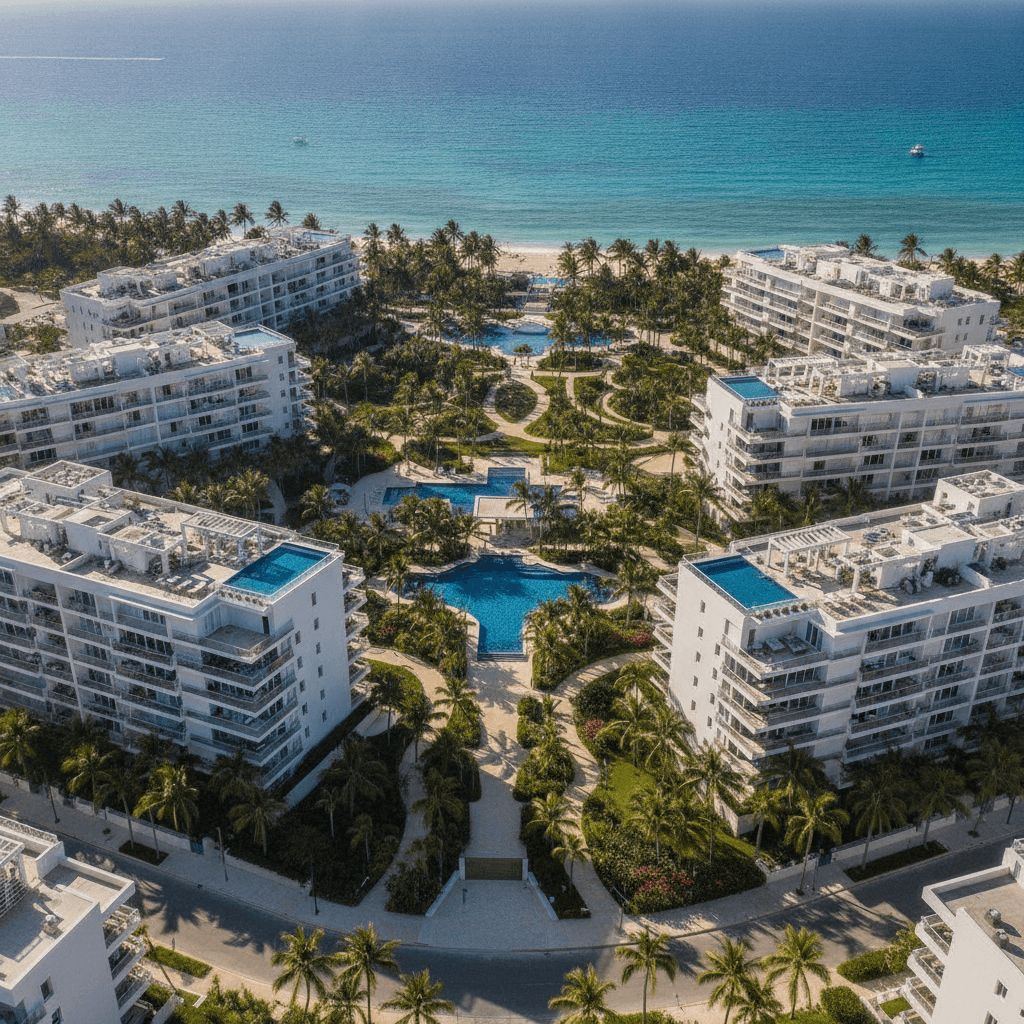 Aerial view of beachfront condominiums in Playa del Carmen with Caribbean sea in the background