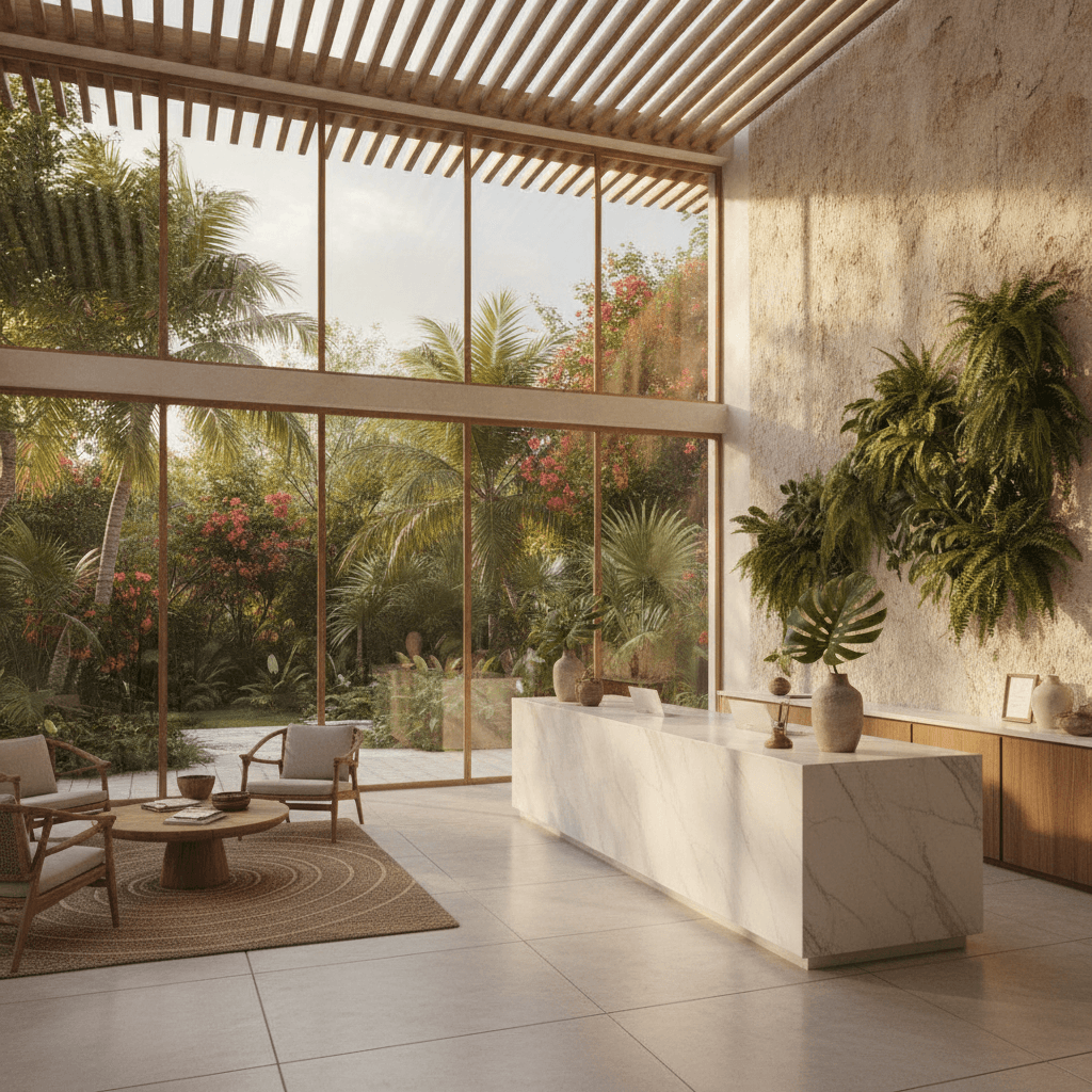 Boutique hotel reception area with tropical open-air design in the Riviera Maya
