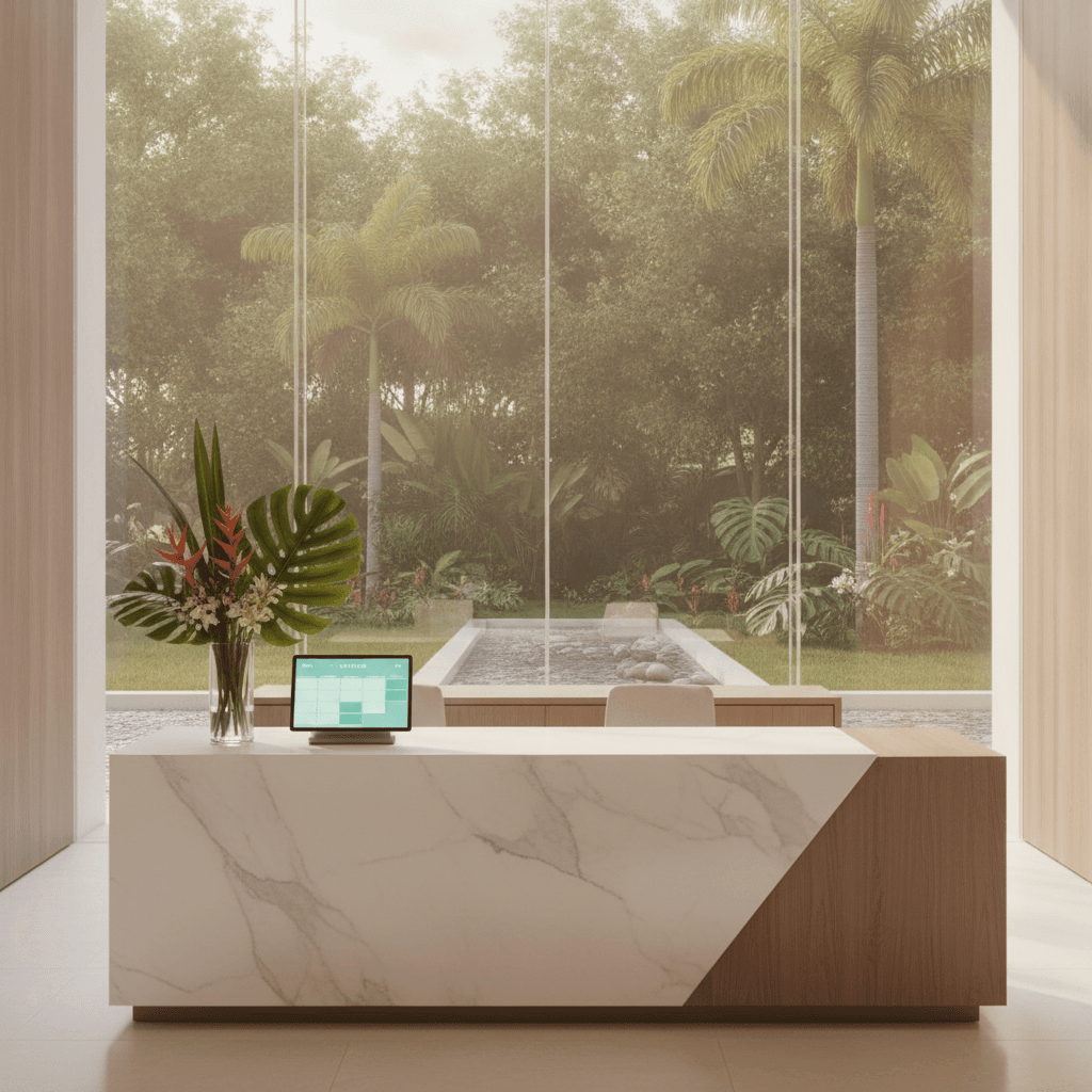 Spa reception desk with a tablet showing an online booking calendar in a tropical Riviera Maya setting