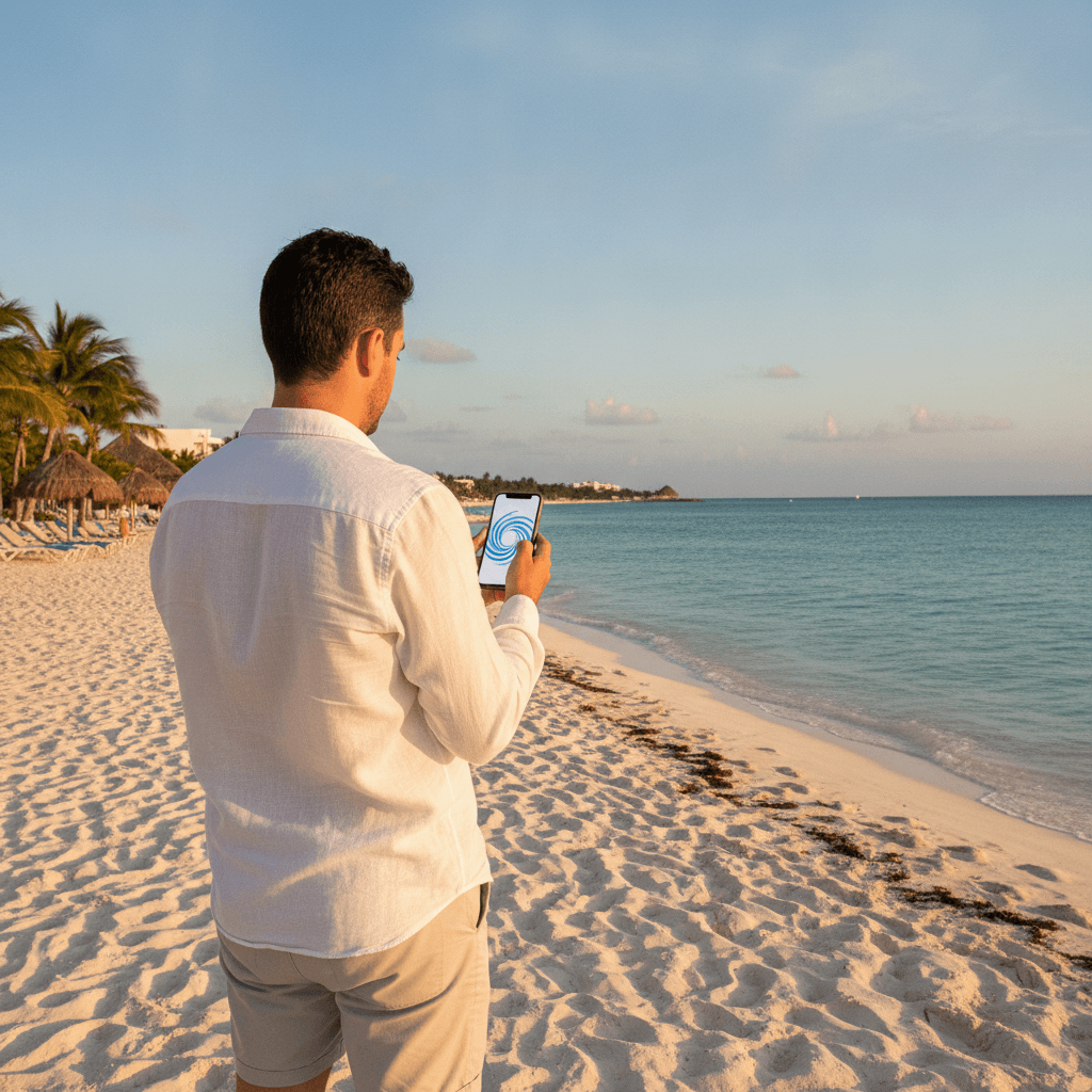 Personne sur un smartphone sur une plage des Caraïbes mexicaines attendant le chargement d'un site web