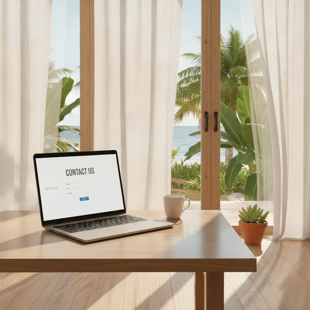 Laptop showing a clean business website with a contact form on a wooden desk near a sunny window in a tropical office