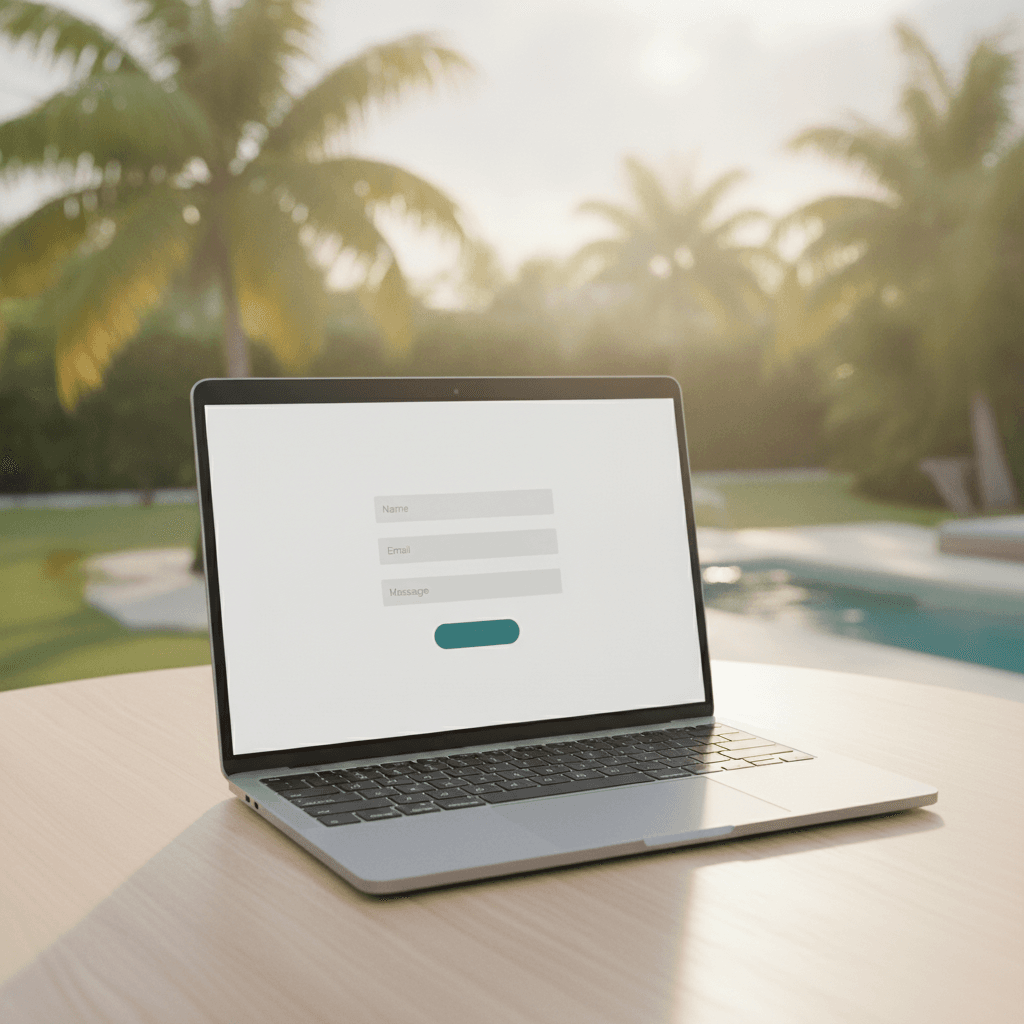 Simple website contact form on a laptop screen with a tropical background