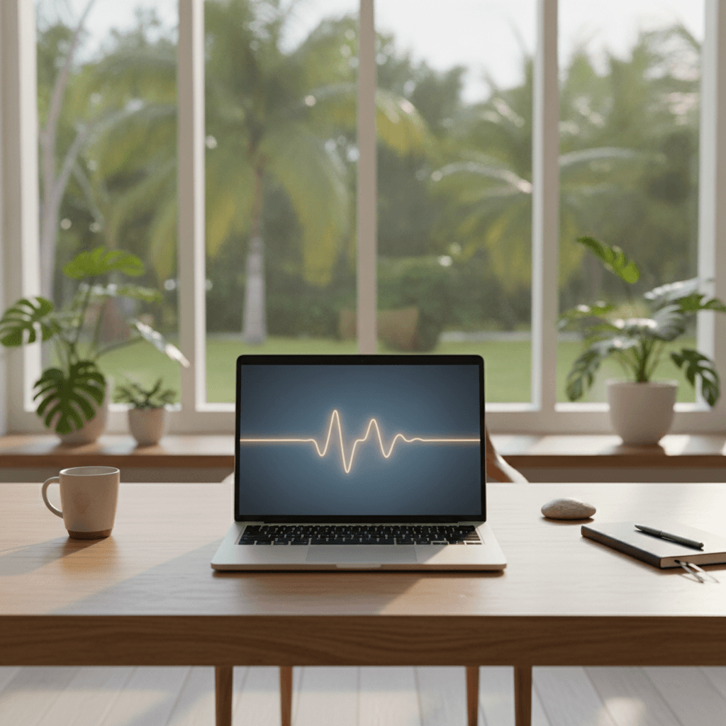 Laptop sobre un escritorio de madera en una oficina tropical iluminada que representa el desarrollo web de negocios locales