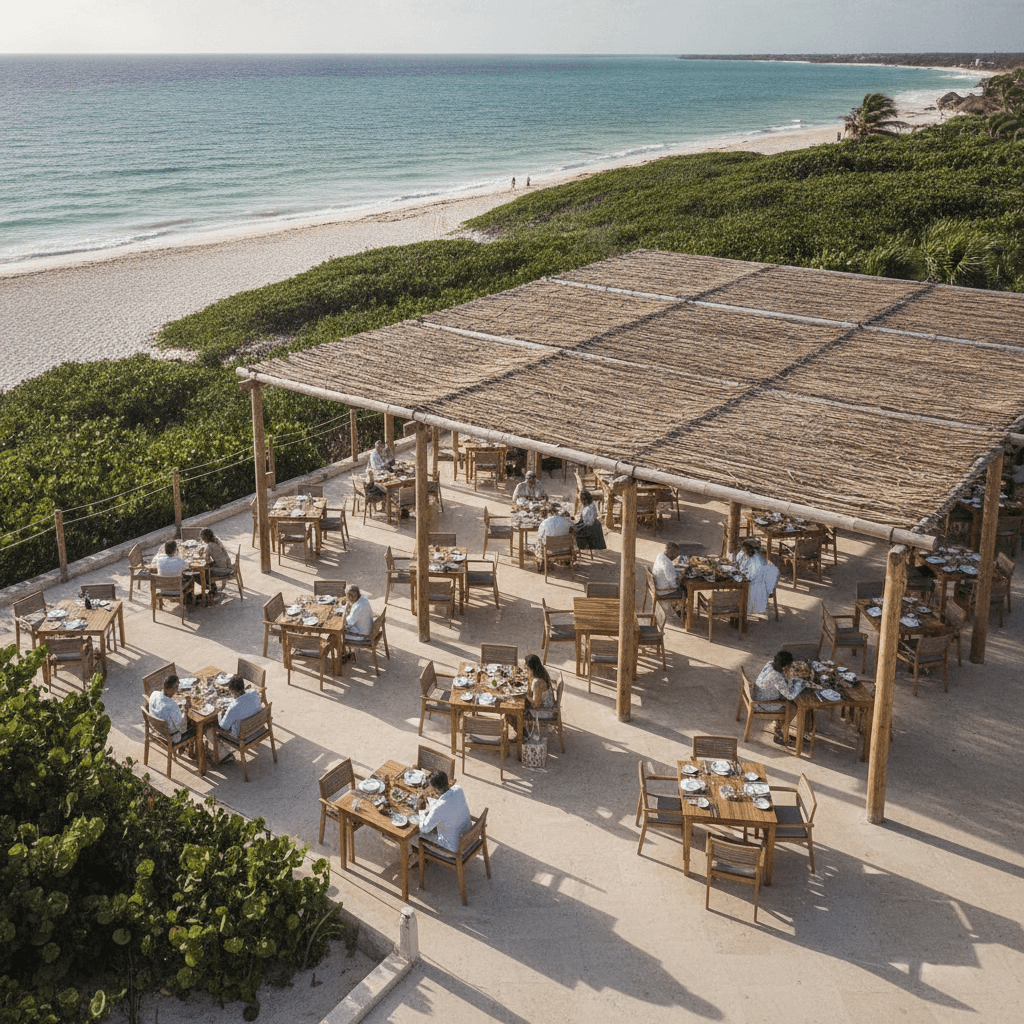 Offene Restaurantterrasse in tropischer Riviera Maya-Umgebung mit Gästen und Palmen