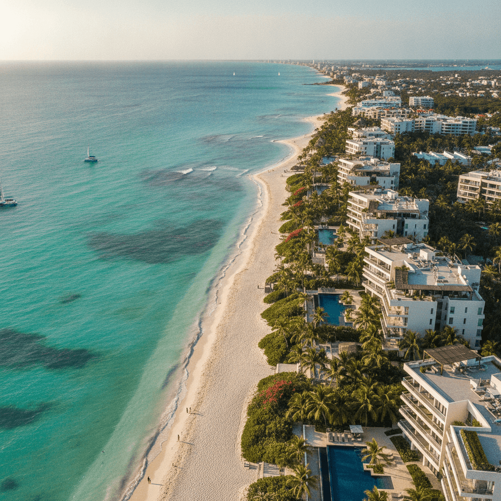 Vue aérienne du littoral de Playa del Carmen avec condominiums et mer des Caraïbes