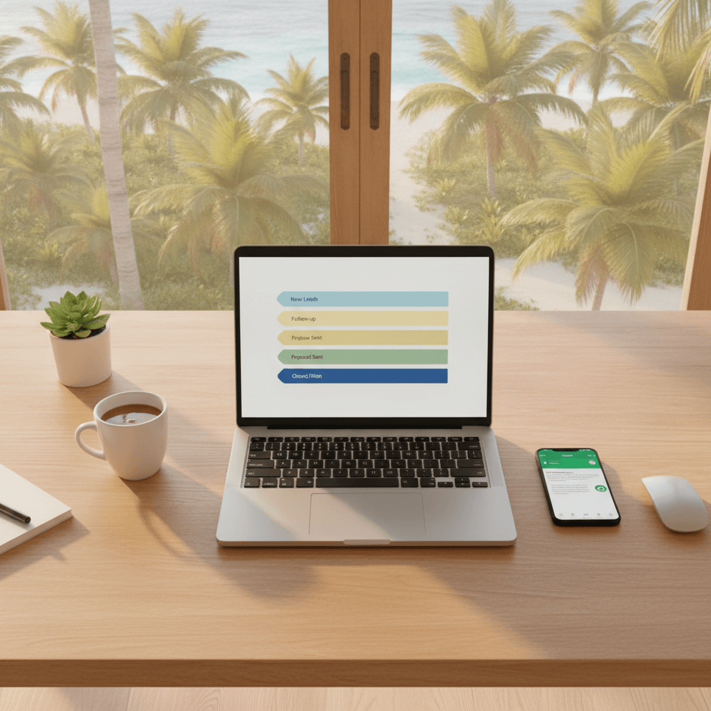 Clean desk workspace with laptop showing a CRM pipeline and smartphone with WhatsApp open for business lead management