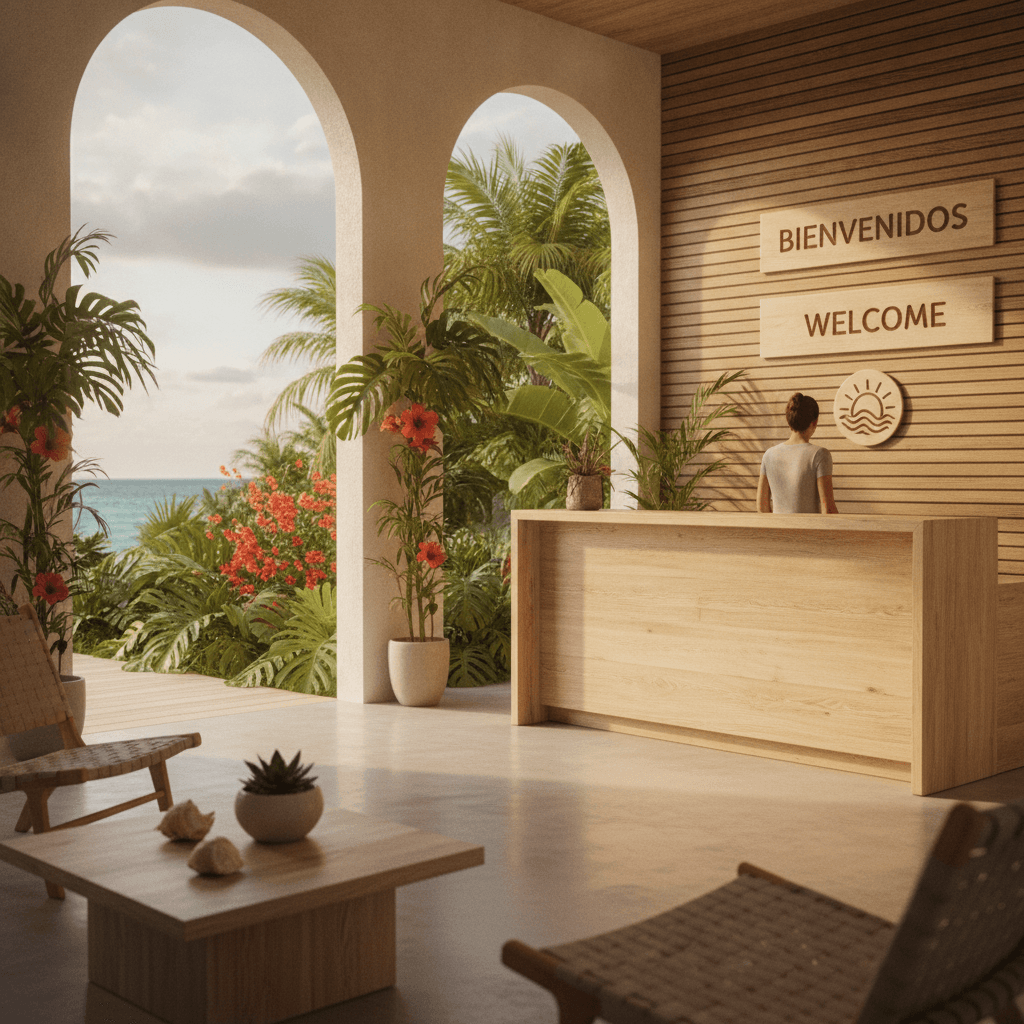 Bilingual tourism business reception area in the Riviera Maya with warm tropical lighting