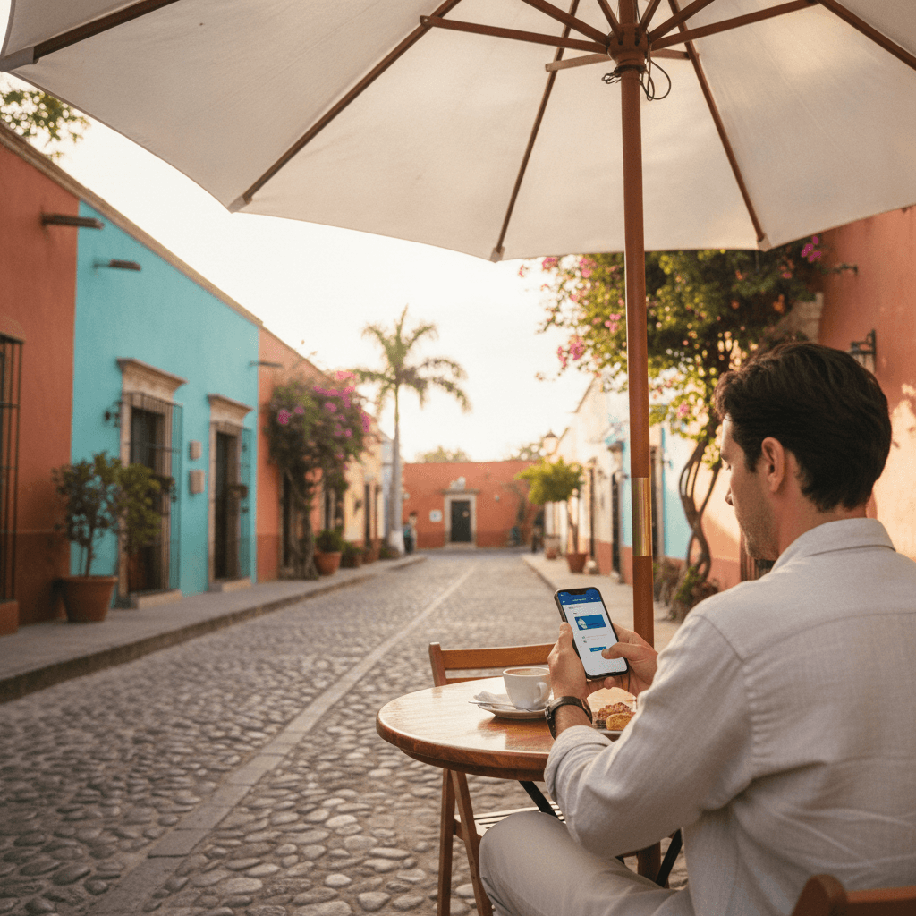 Persona navegando un sitio web en un smartphone en una cafetería al aire libre en la Riviera Maya