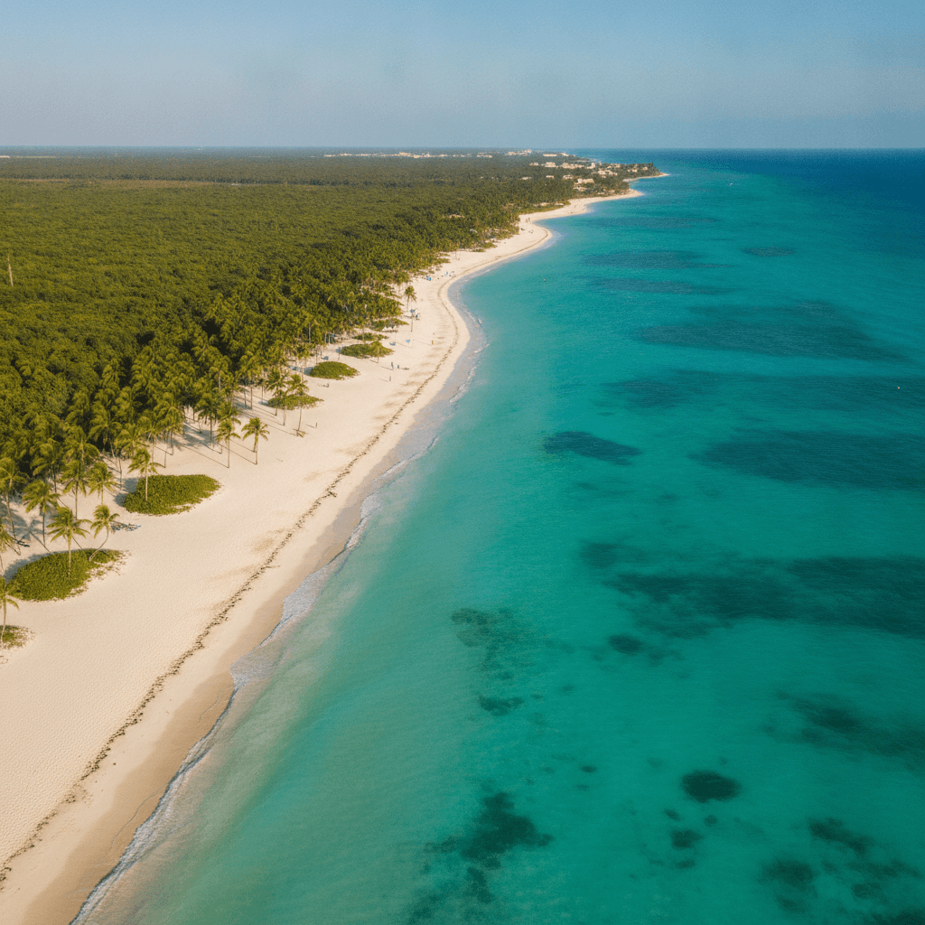 Aerial view of Cancún's turquoise Caribbean coastline with white sandy beaches and palm trees under clear blue sky