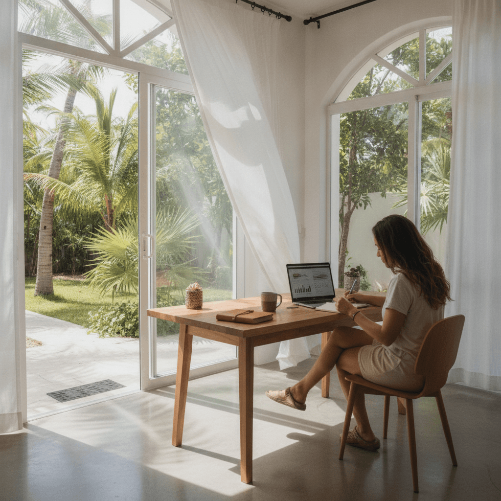Small business owner writing a local content strategy at a desk in a tropical office setting