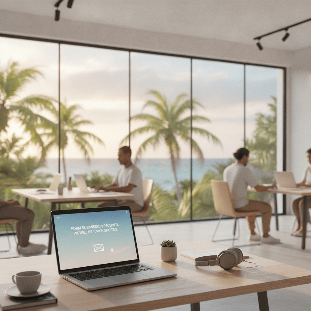 Laptop showing a website lead notification in a bright tropical business office setting