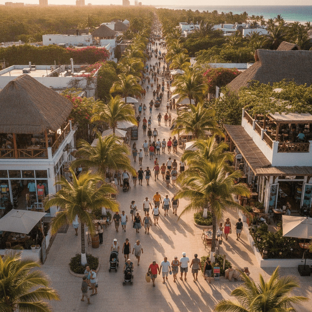 Busy pedestrian street in the Riviera Maya at golden hour with shops and restaurants