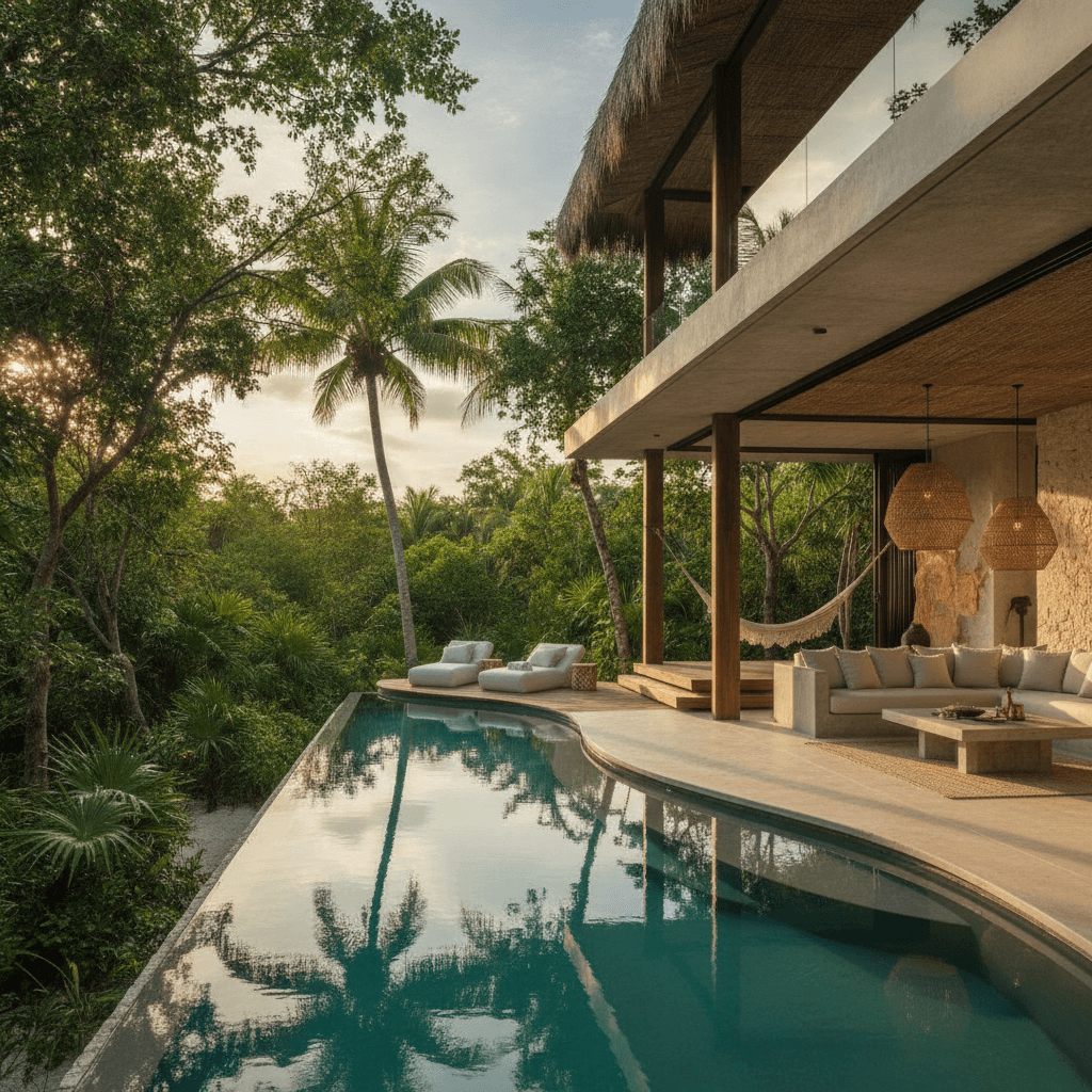 Luxuriöse Ferienunterkunft mit privatem Pool in Tulum, umgeben von tropischem Dschungel im goldenen Abendlicht
