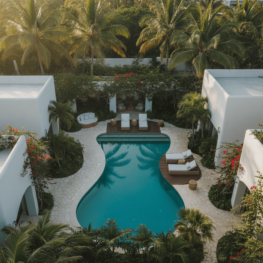 Aerial view of a small boutique hotel courtyard with a turquoise pool surrounded by tropical greenery in the Mexican Caribbean