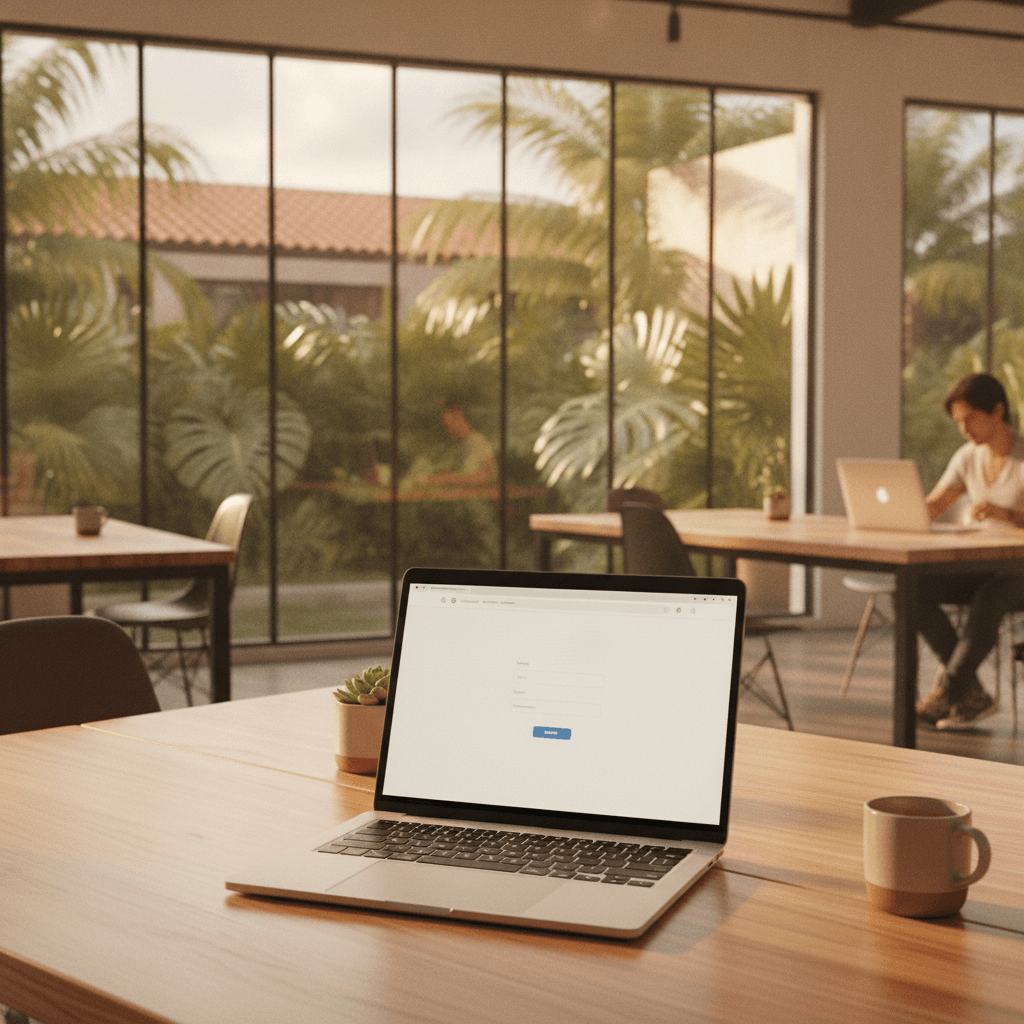 Laptop showing a clean lead generation website with a contact form in a bright tropical co-working space