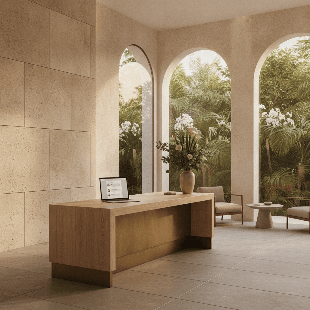 Boutique hotel reception desk with a laptop showing a chat interface and tropical greenery in the background
