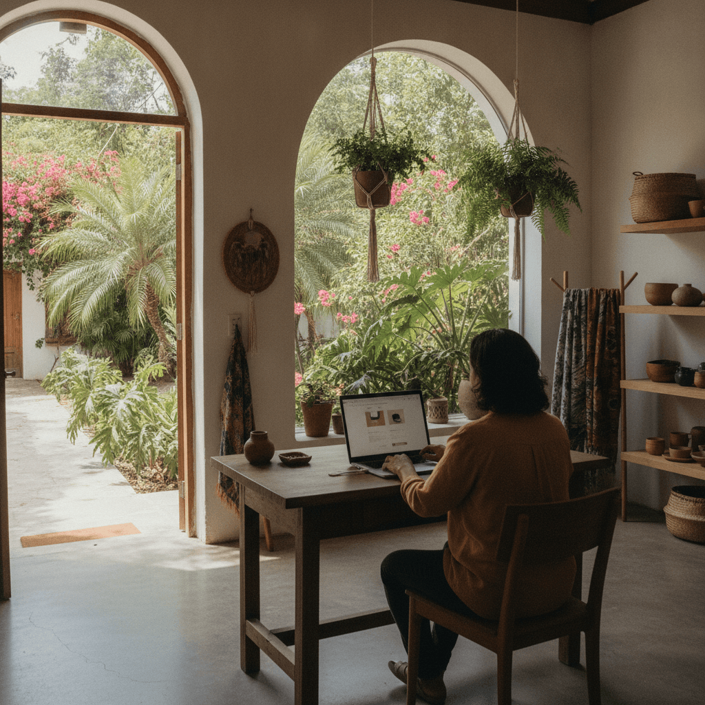 Small business owner in Quintana Roo reviewing their digital setup on a laptop