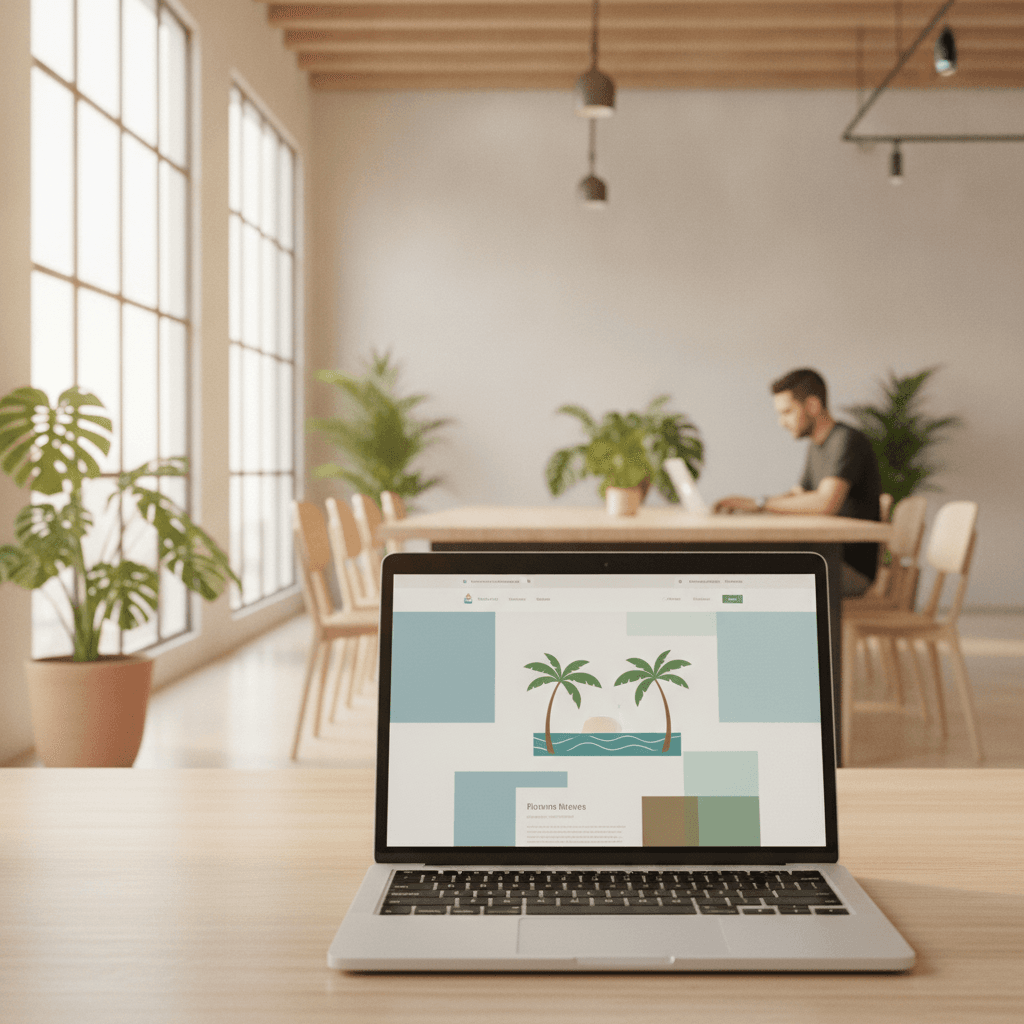 Laptop showing a professional business website in a bright tropical co-working space