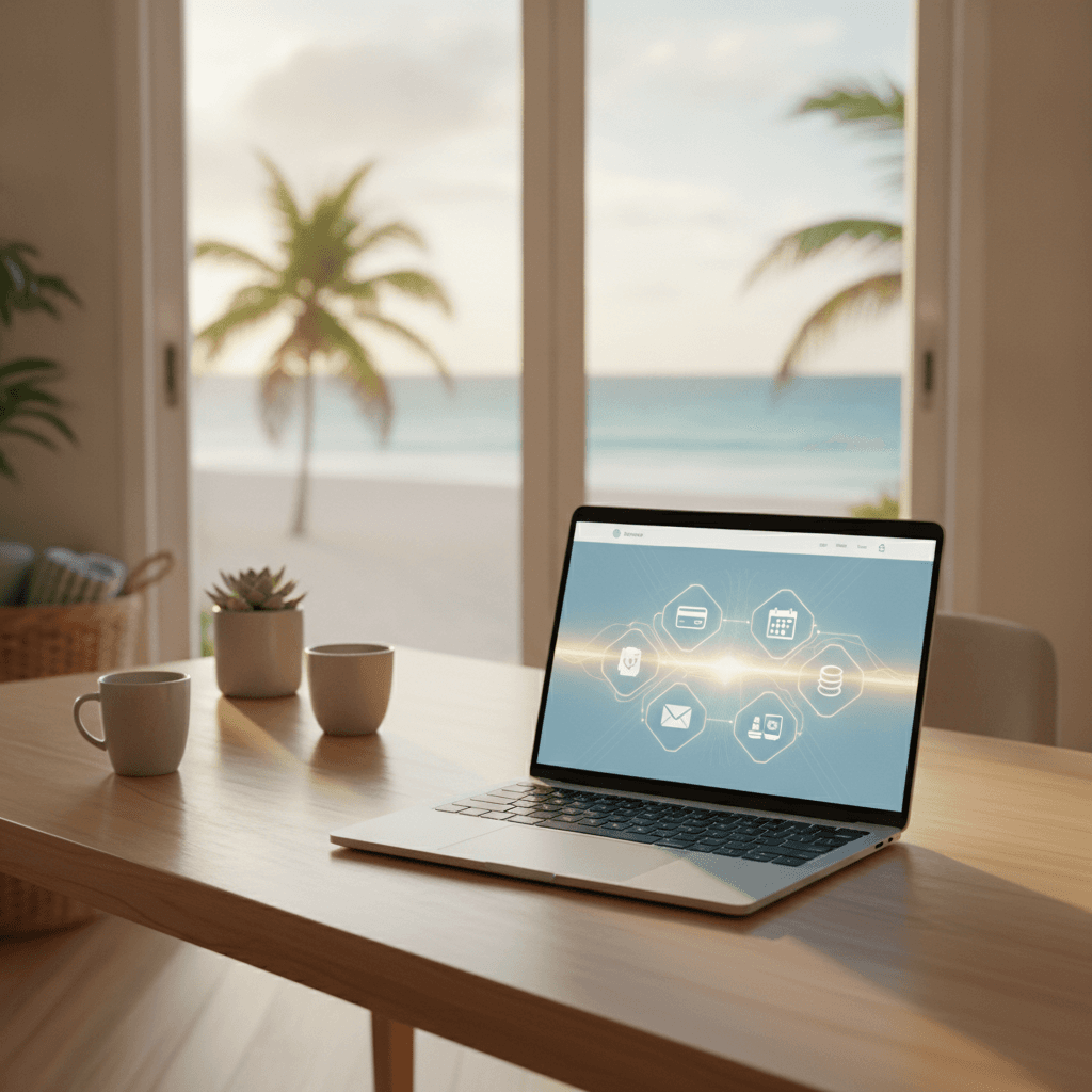 Website dashboard showing payment booking CRM and email integrations on a laptop in a coastal business office