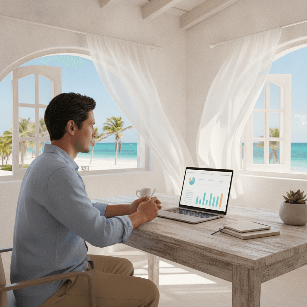 Small business owner reviewing website analytics on a laptop in a bright coastal office in Mexico