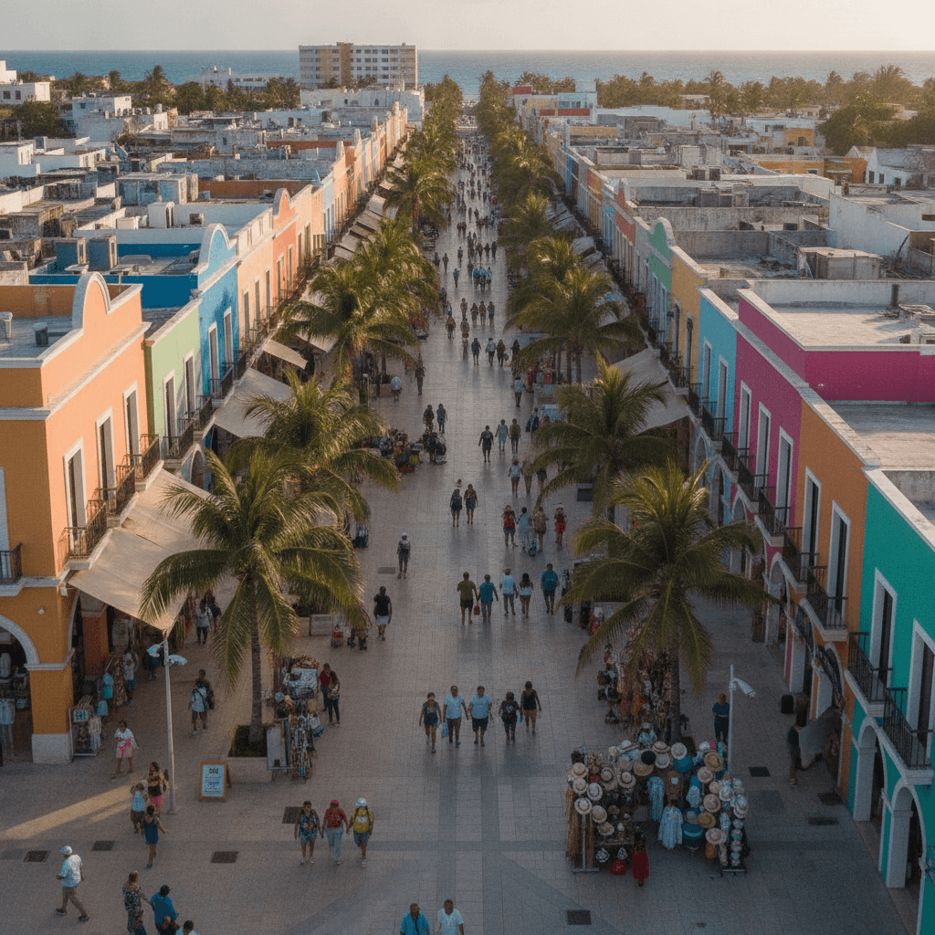 Aerial view of small business streets in Playa del Carmen on a sunny morning