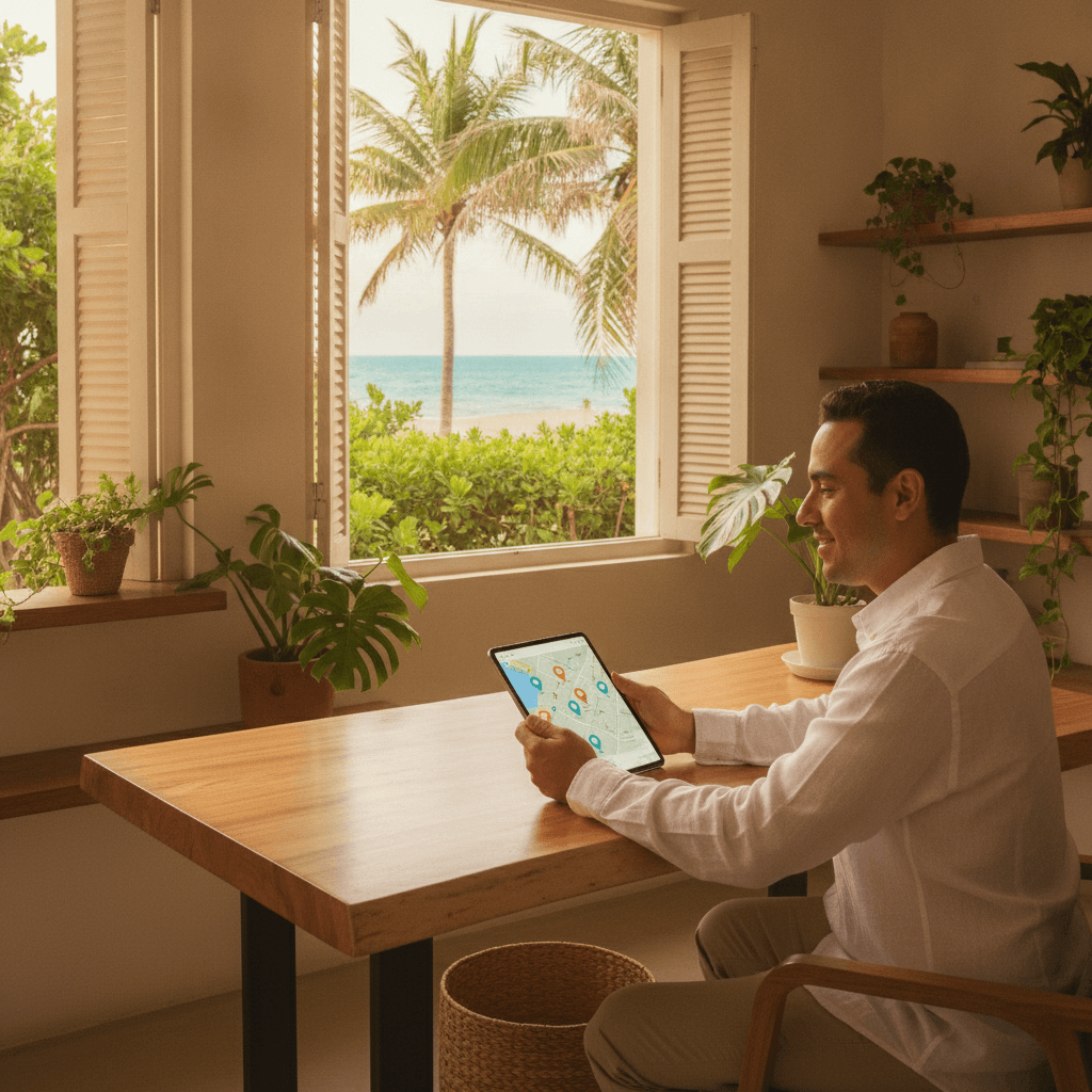 Small business owner reviewing Google Business Profile on a tablet in a Riviera Maya office