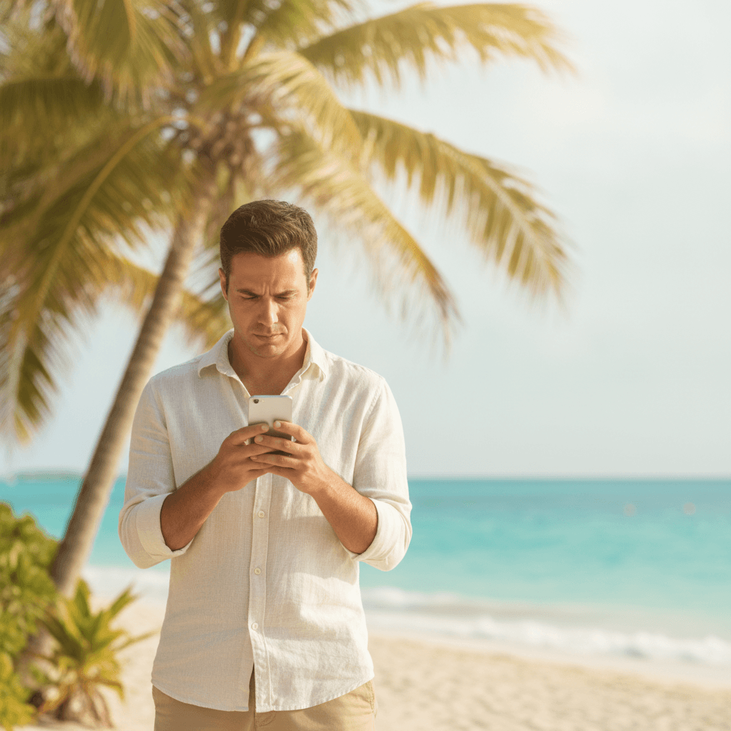 Person using a smartphone outdoors in a tropical coastal setting in Mexico, looking at a website on their phone
