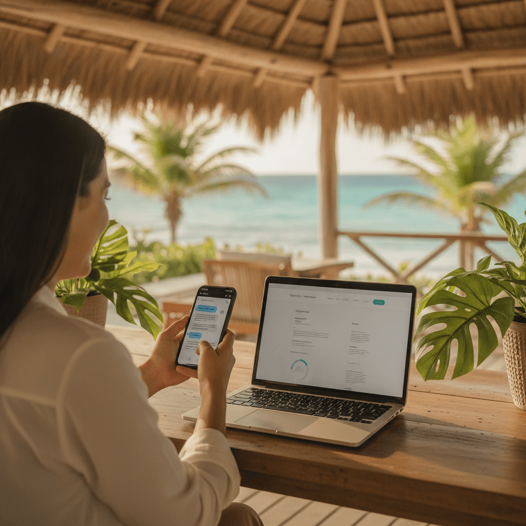 Business owner in Riviera Maya managing WhatsApp messages connected to their website on a laptop