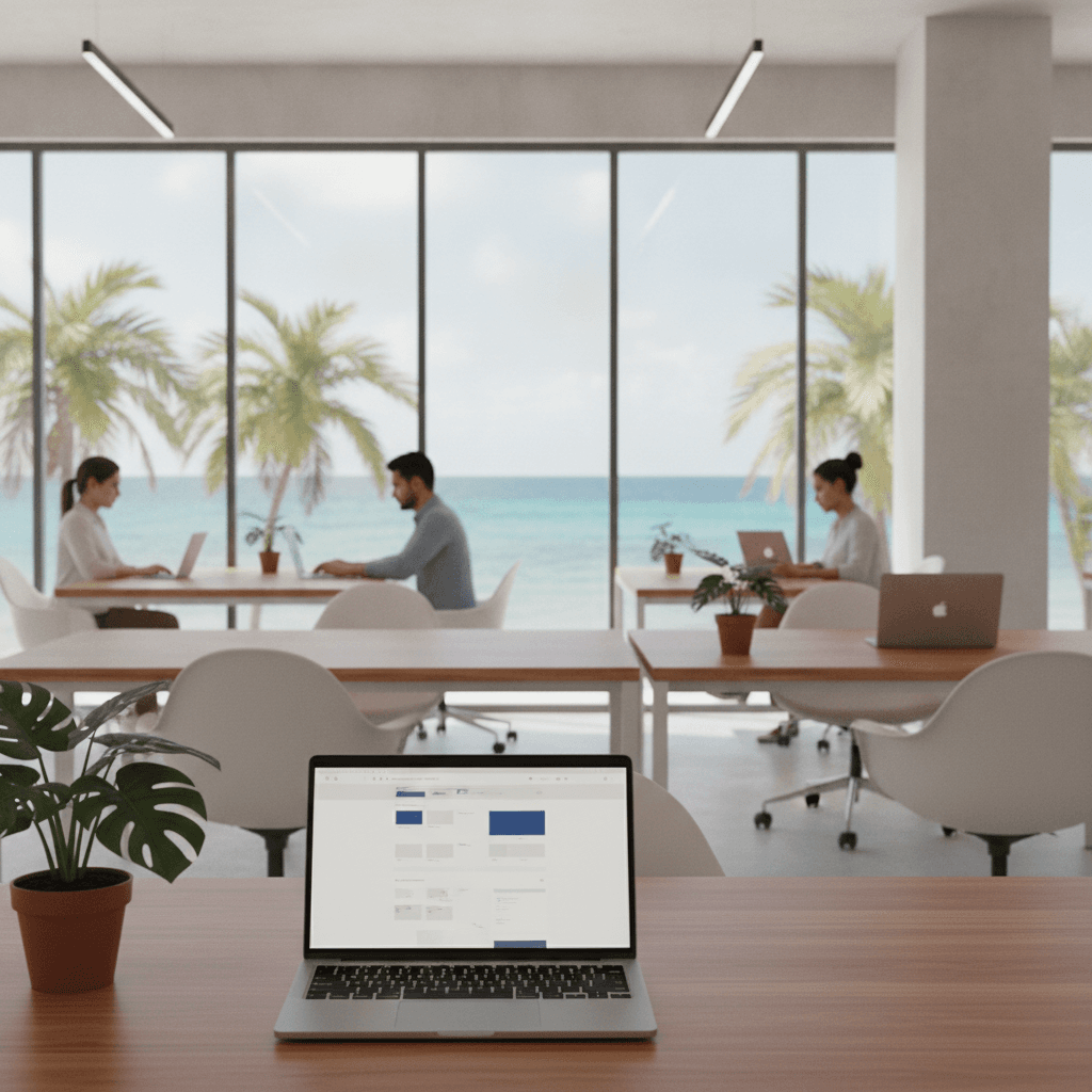 Laptop showing a website design on a wooden desk in a bright tropical co-working space in Playa del Carmen