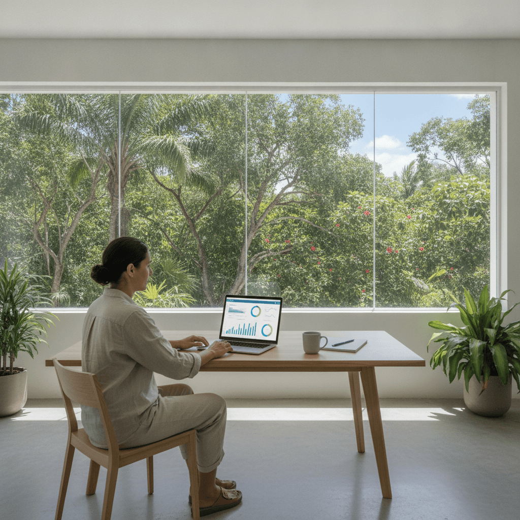 Small business owner reviewing website analytics on a laptop in a Riviera Maya office