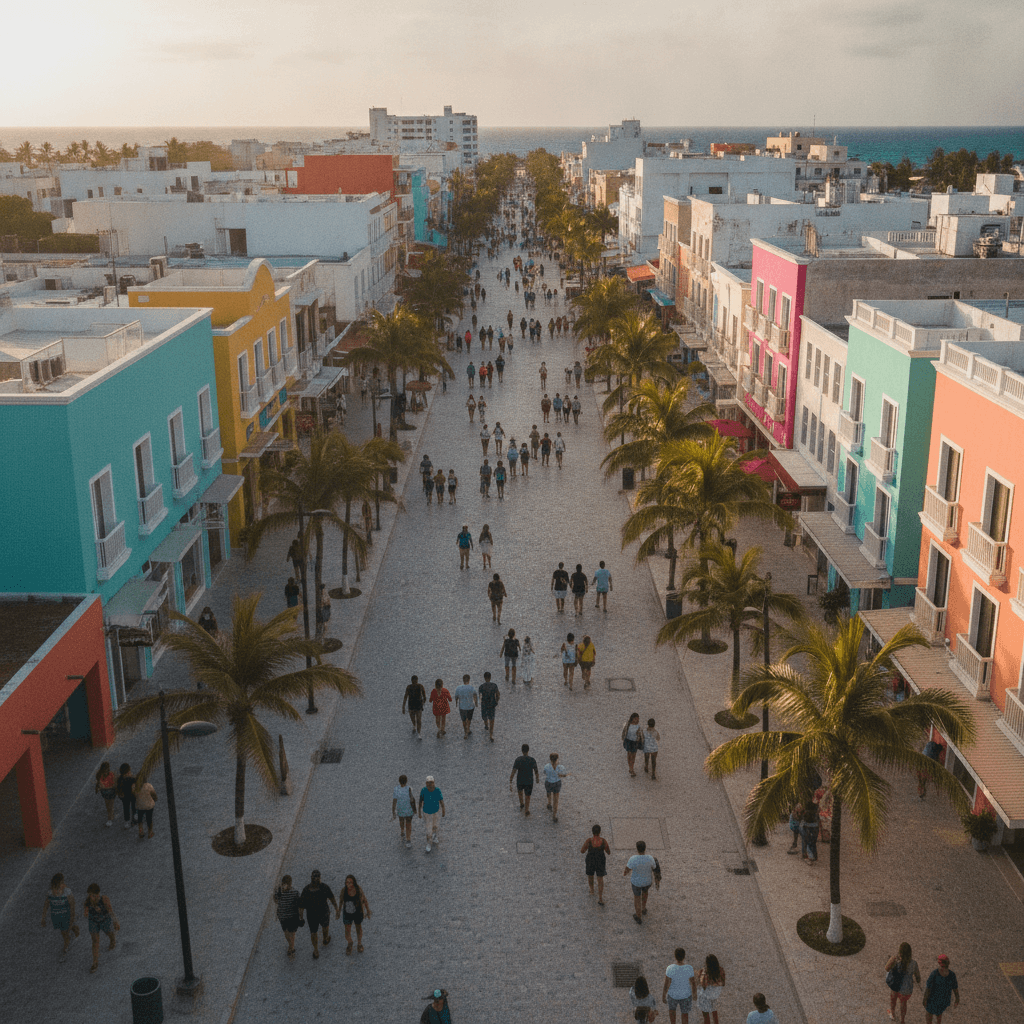 Aerial view of Quinta Avenida in Playa del Carmen with colorful storefronts and palm trees on a sunny day