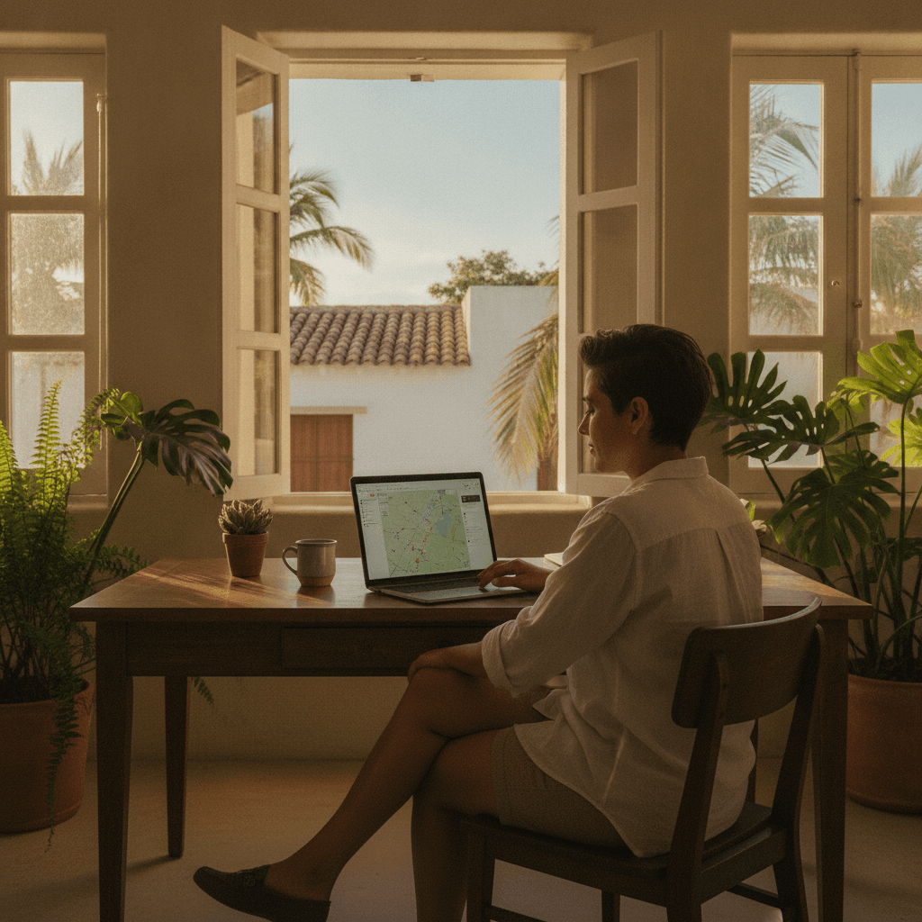Business owner reviewing their Google Business Profile on a laptop in a bright tropical office in Mexico