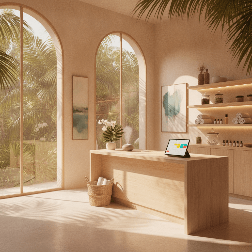 Modern spa reception in Quintana Roo with a tablet showing an online booking calendar